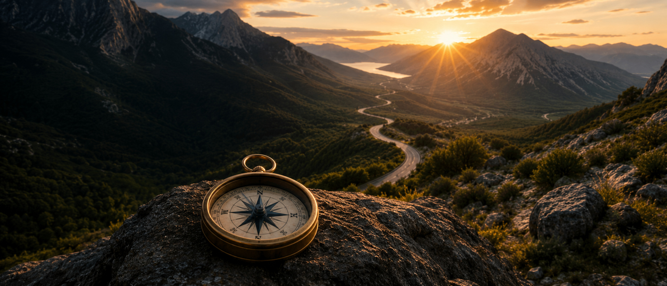 Mountain sunrise with winding road and compass